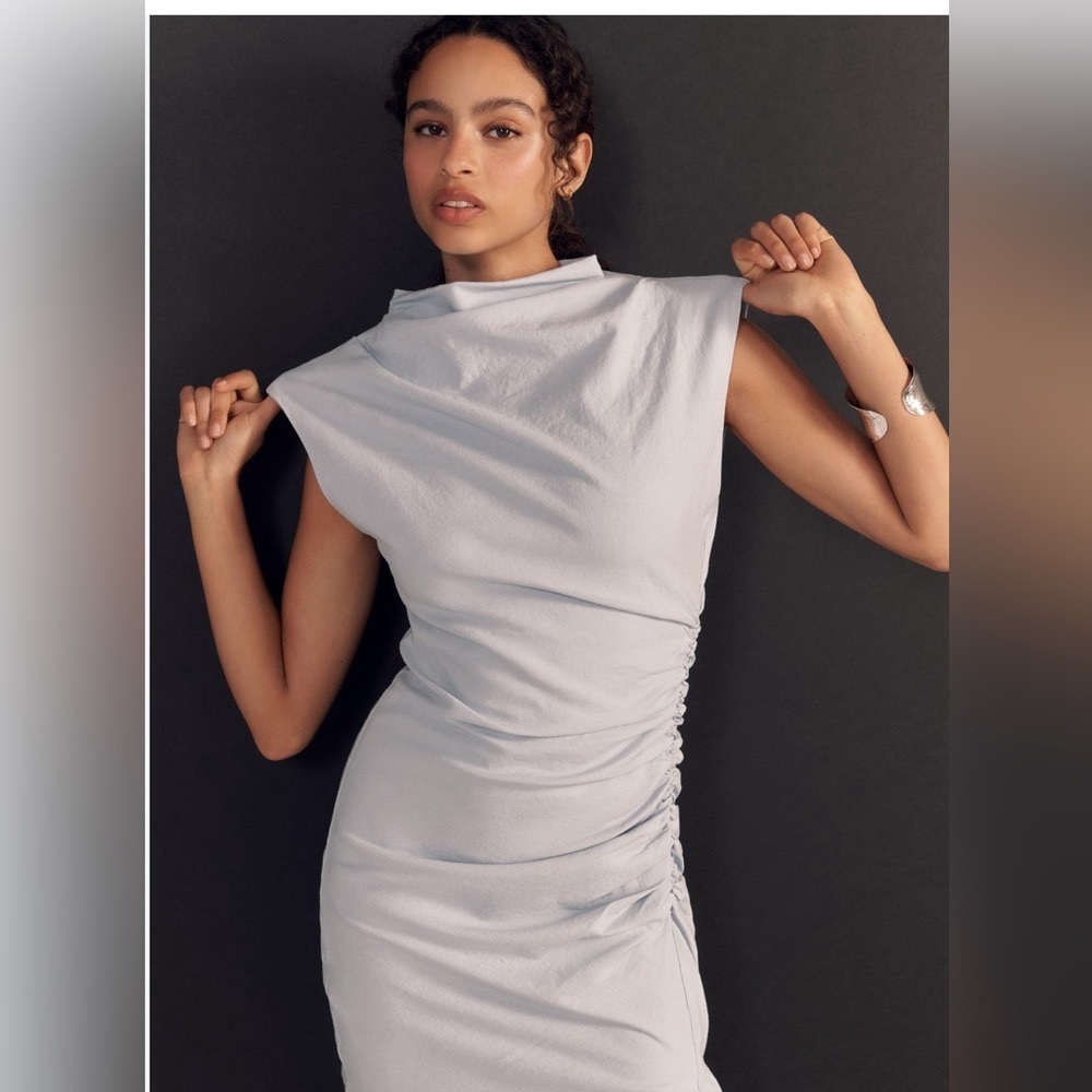 The Linen Maya Ruched Cowl-Neck Dress: Mini Edition by Anthropologie